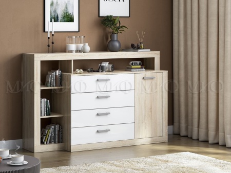 Комод Апаста (Ш-1602 x В-1040 x Г-476 мм)/Дуб Сонома/Белый Глянец